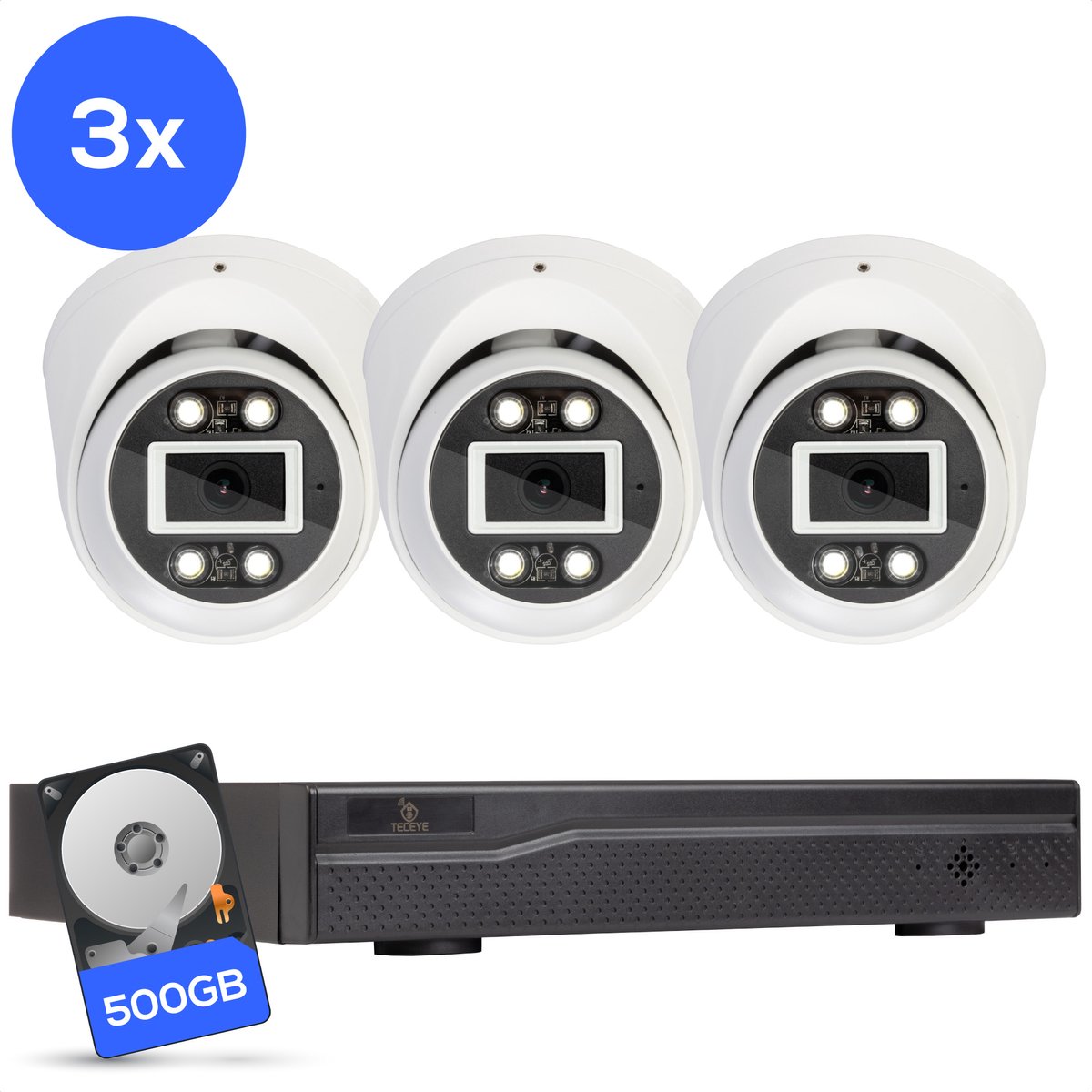Teceye Compleet Camera Beveiliging Set met 3x POE Camera - Beveiligingscamera - Beveiligingscamera binnen - Beveiligingscamera buiten - CCTV Camera systeem - Beveiligingscamera set - Bewakingscamera set