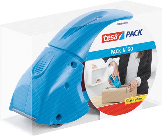Blauwe tesapack Pack'n'Go plakbanddispenser op een doos.