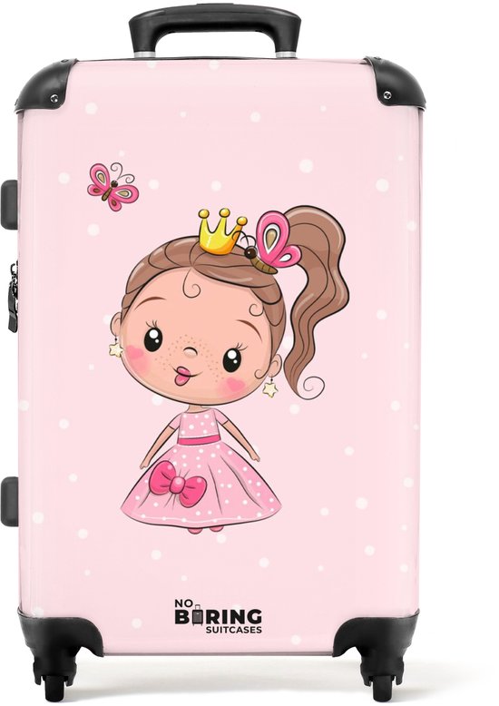 Valise rose à pois avec dessin de princesse, logo 'NO BORING SUITCASES'.