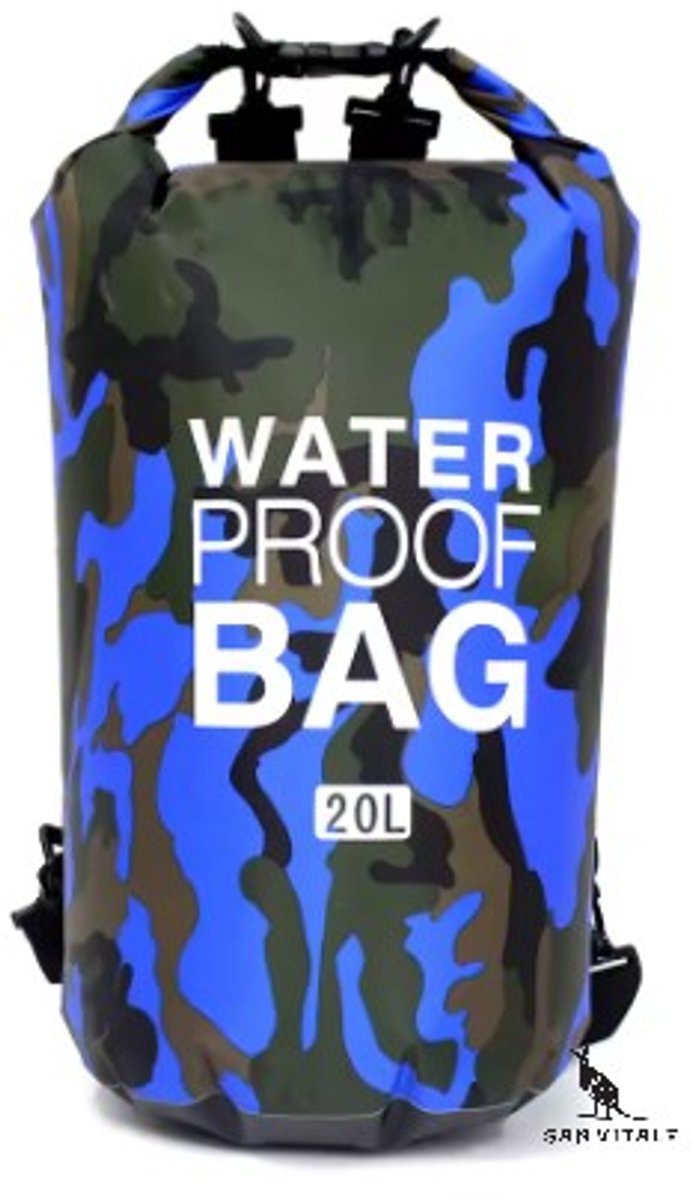 San Vitale®- Drybag 20L - Waterdichte tas - Zwemmen - Kamperen - Wandelen - Rafting - Kajak - Rivier - Trekking - Tassen - Legerprint - Blauw