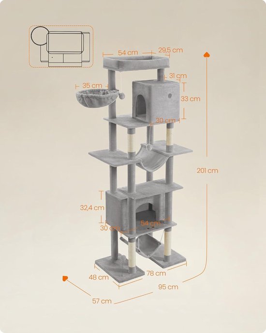 Feandrea Grote Kattenboom, 197 Cm Hoog, XXL Modern Kattenhuis Met Meerdere Verdiepingen 2 Grotten Ligbedden 4 Krabpalen Kattenborstel Tunnel Platforms Greige Pct193g01 1126070613
