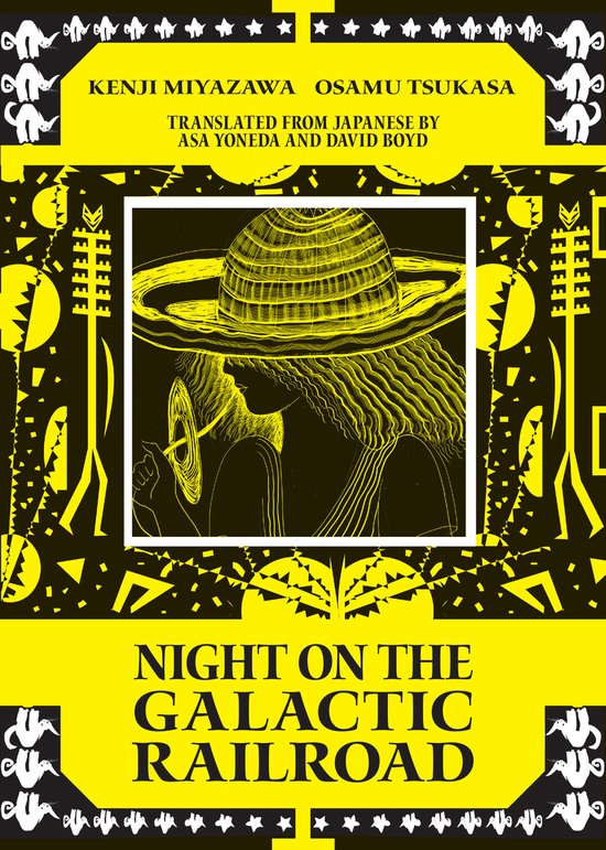 Boekomslag met gele achtergrond en zwarte illustratie van een persoon met hoed, met tekst 'NIGHT ON THE GALACTIC RAILROAD'.
