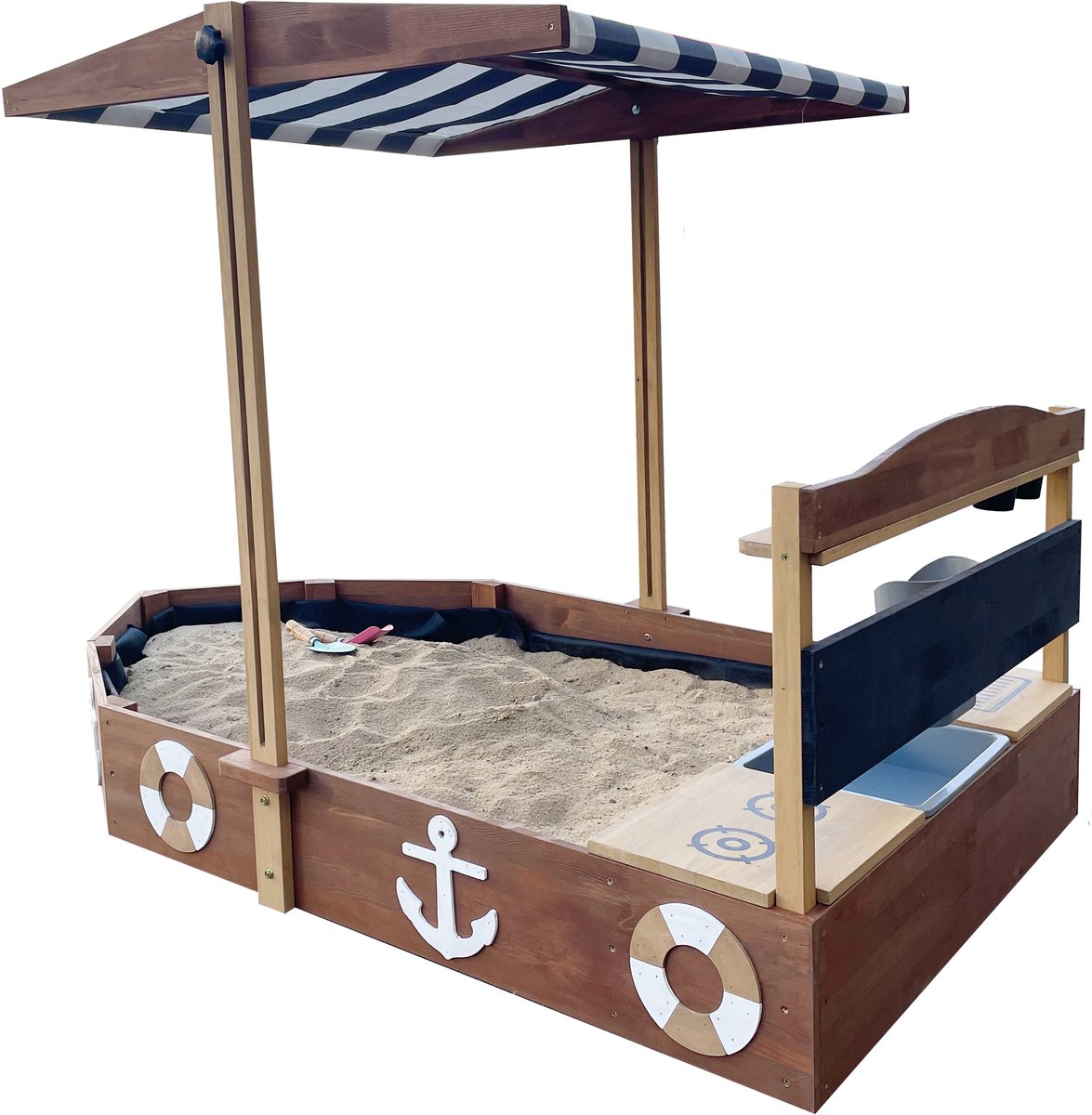 AXI Dora Boot zandbak met speelkeuken en dak (UV50) 160 x 100 cm Antraciet/bruin – Met krijtbord en opbergruimte - Inclusief gronddoek - 10 jaar garantie! — afbeelding 7