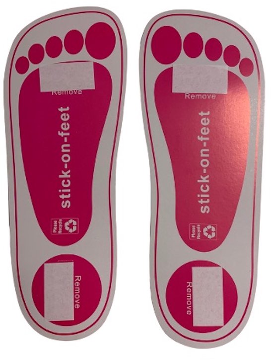 Roze "stick-on-feet" stickers met voet- en teendetails. Wit met roze opdruk. "Please Recycle" icoon.