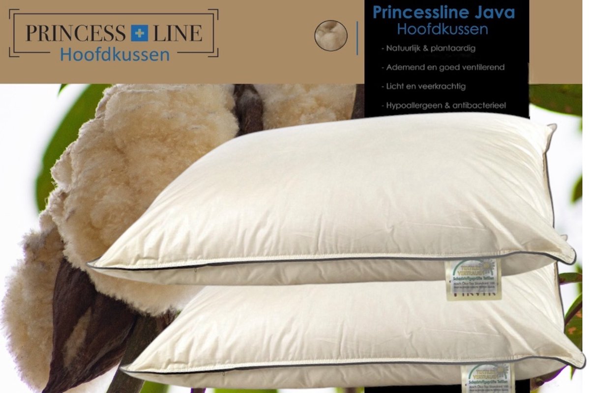 Princess Line Kapok Hoofdkussen - Set van 2 stuks - 60x70 cm - 100% Natuurlijk - Perkal Katoen - Javaanse Kapokvulling