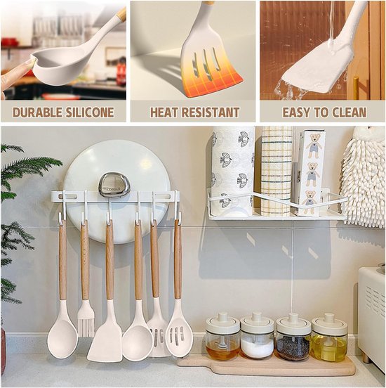 Set De Cuisine 33 Pièces En Silicone Anti-adhésif - Avec Support à Poignée En Bois - Couleur Khaki - Neuf