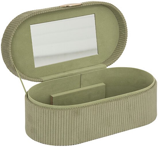 Boîte à bijoux verte côtelée, ouverte avec un miroir à l'intérieur.