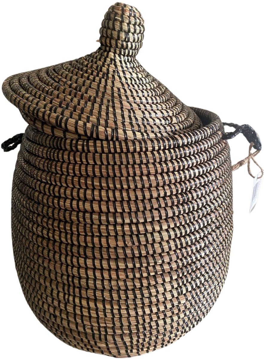 Hamper zwart opbergmand met deksel- Handgemaakt - 37x27 cm