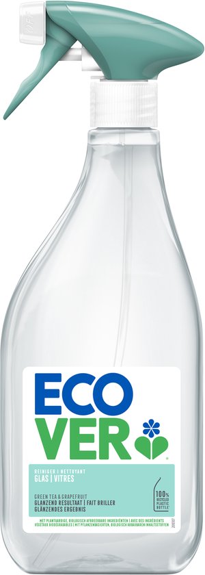 Ecover glasreiniger fles met groene spuitkop en label met bloem. 500ml.