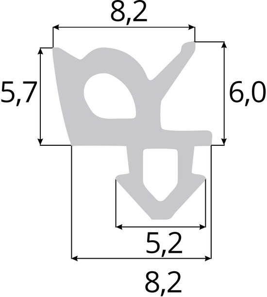 Technische tekening van een profiel van zwarte rubberen raamafdichting met afmetingen.