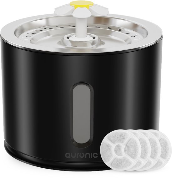 Auronic Drinkfontein voor Katten en Honden - Stille 2,4L Waterfontein met 4 Filters en 2 Borstels - Waterbak - Drinkbak - Zwart
