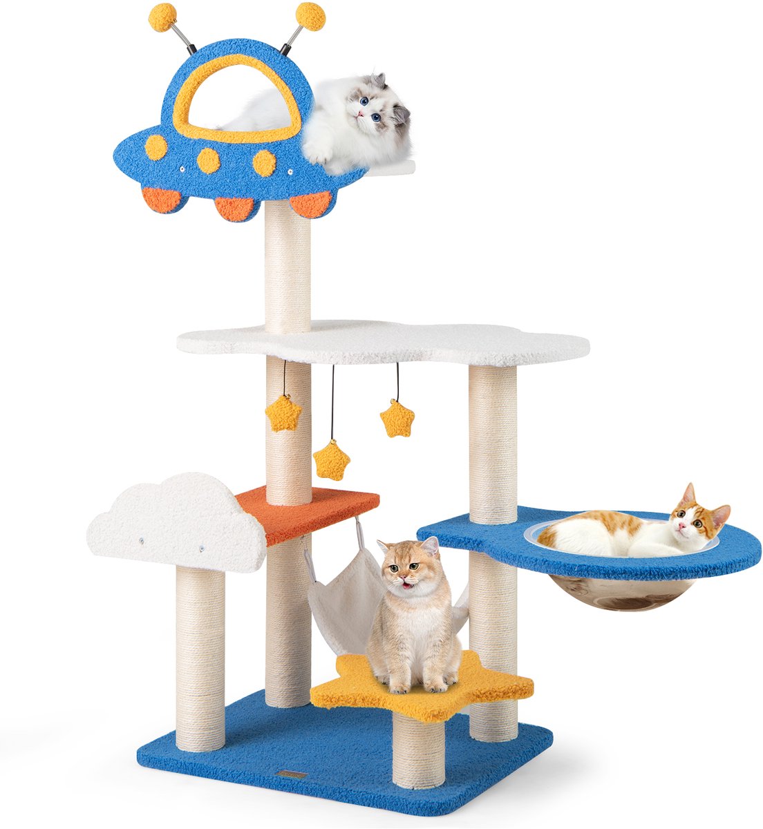 COSTWAY Krabpaal klein, ruimtethema, kattenboom met UFO-platform, speelgoed, sisal-krabzuilen, hangmat & ruimtecapsule, kattenkrabpaal, kattenmeubel, klimboom, blauw