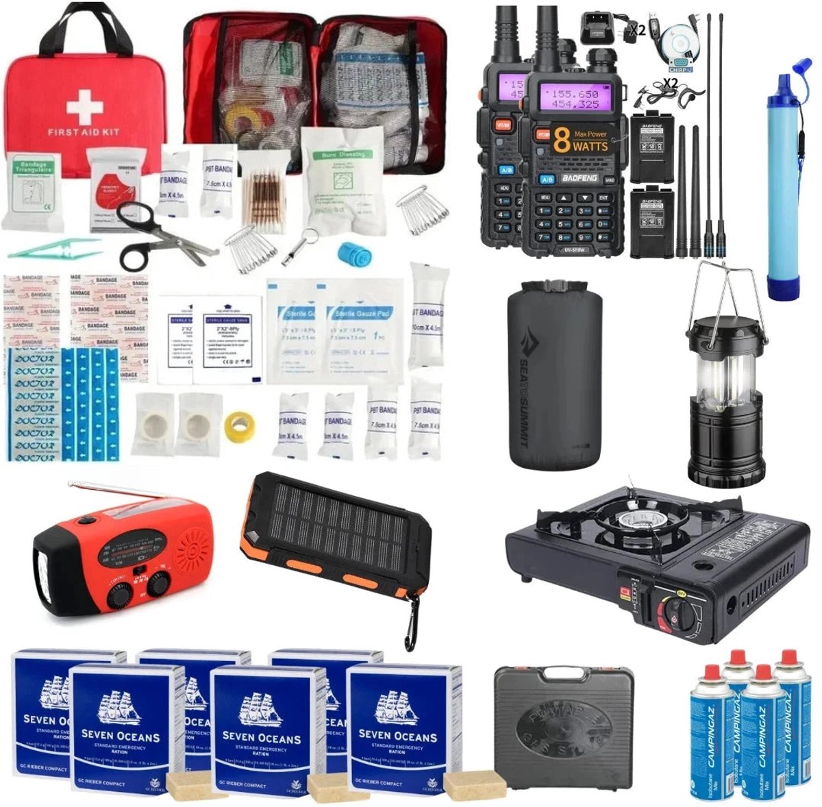 Noodpakket voor 72 Uur op advies van Overheid Black Out Compleet - Walkie Talkie - Waterfilter - Opbergzak - Solar Powerbank - Gasfornuis - Nood Radio - EHBO-kit - Isolatiedeken
