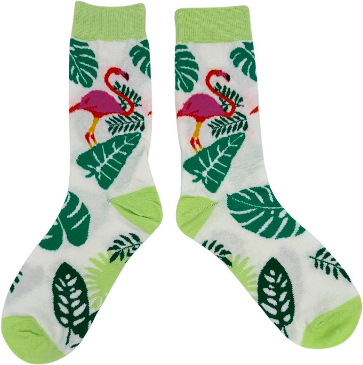 Tutti Footi - Sokken met Flamingo's en Bladeren - Maat 37-41 - Grappige Tropische Sokken Dames - Groen/Roze Vogel/Dieren
