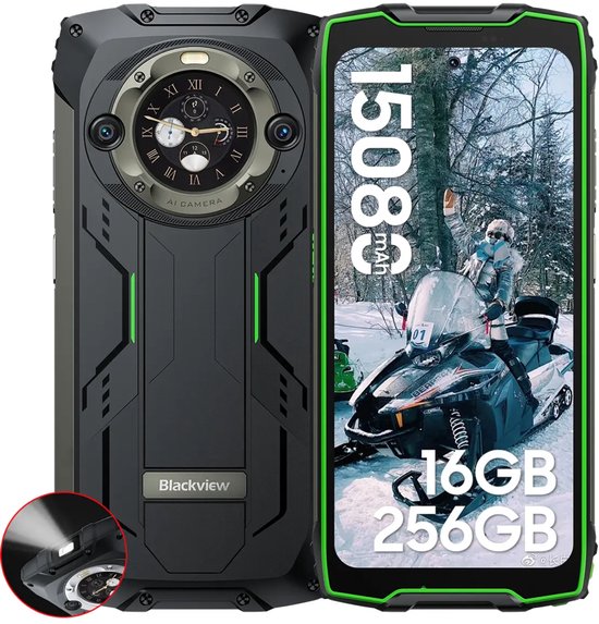Blackview BV9300 Pro - Robuuste Smartphone - 16(8+8)GB RAM - 256GB - 15080mAh - 120Hz 6.7" FHD - Dual 4G LTE - 64MP+32MP - IP68 Waterdicht - 1.32" Achterkant Dsiplay - NFC - GPS - Groen