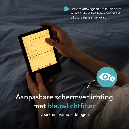 Vrouw gebruikt e-reader met aanpasbare schermverlichting en blauwlichtfilter