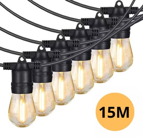 JPro Big 15 LED Lichtsnoer Buiten 13,5 meter Tuinverlichting met Warm Wit Licht - Buiten Lichtslinger op Netstroom - Waterdicht en Energiezuinig - 15 LED Lampen Tuin Verlichting met Stekker - 13,5+2m