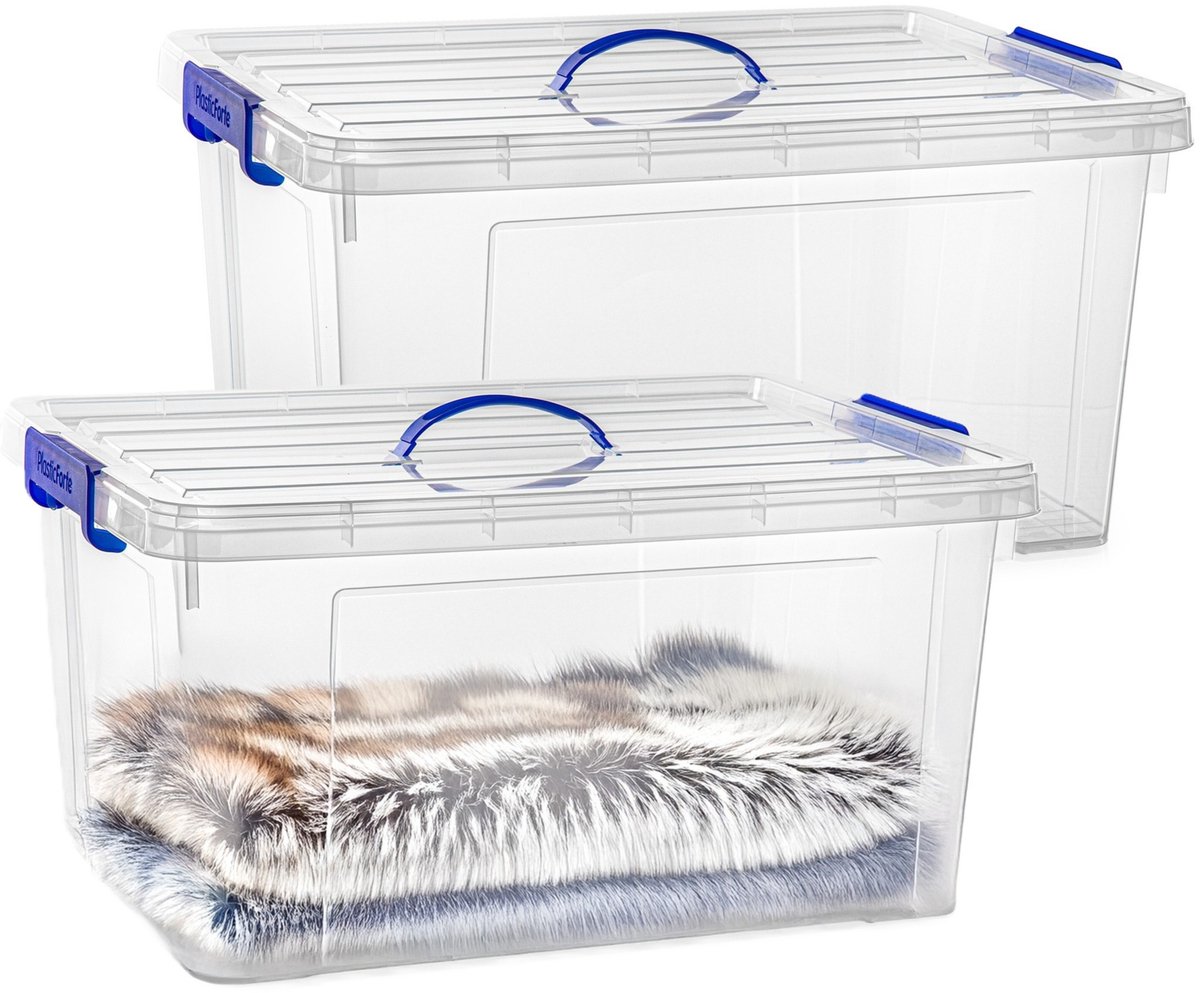 PLASTICFORTE Opslagbox - 2x - met deksel - transparant blauw - 54 liter - 60 x 45 x 30 cm - kunststof - opbergdoos - opbergen