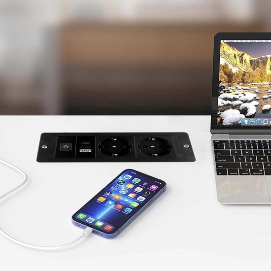 WIYETY Tafelstopcontact met afdekking: inbouwstopcontact met 2 stopcontacten, 2 USB en type C, inbouwstopcontact met 1,8 m kabel aluminium tafelblad, verzonken stopcontact voor bureau, keuken, kantoor