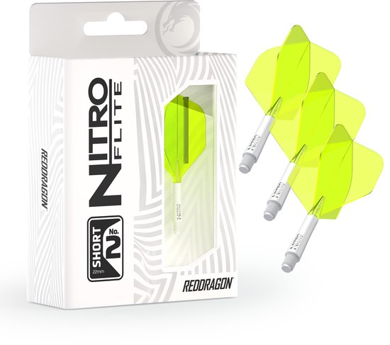 RED DRAGON Nitro Flite – Système Vol+tige Intégré, Forme N°2, Blanc/jaune, Version Courte – Fléchettes Pro