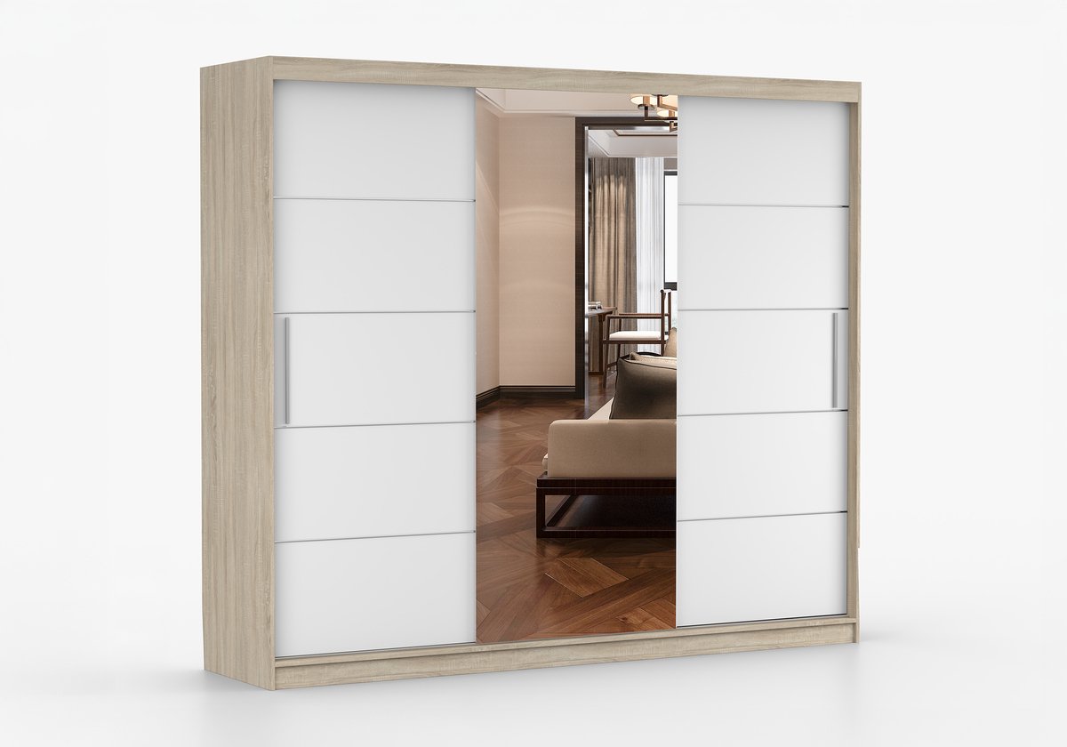 AJE Meubles B.V. Schuifdeurkast ELBA I met Spiegel – 3-deurs kledingkast, legplanken en kledingroede – modern design – 250x218x61 cm - ELBA I (Sonoma + Wit)