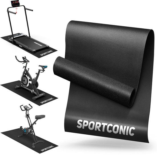 Set van zwarte Sportconic matten voor een loopband, hometrainer en crosstrainer, met een opgerolde mat ernaast.