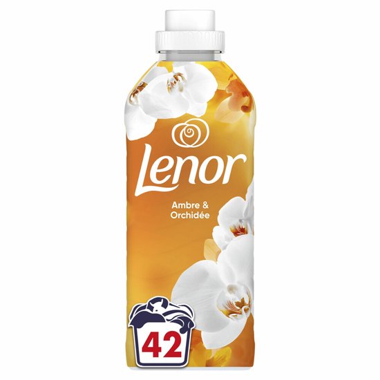 Bouteille d'assouplissant Lenor Ambre & Orchidée, 42 lavages. Fleurs blanches et oranges sur la bouteille.