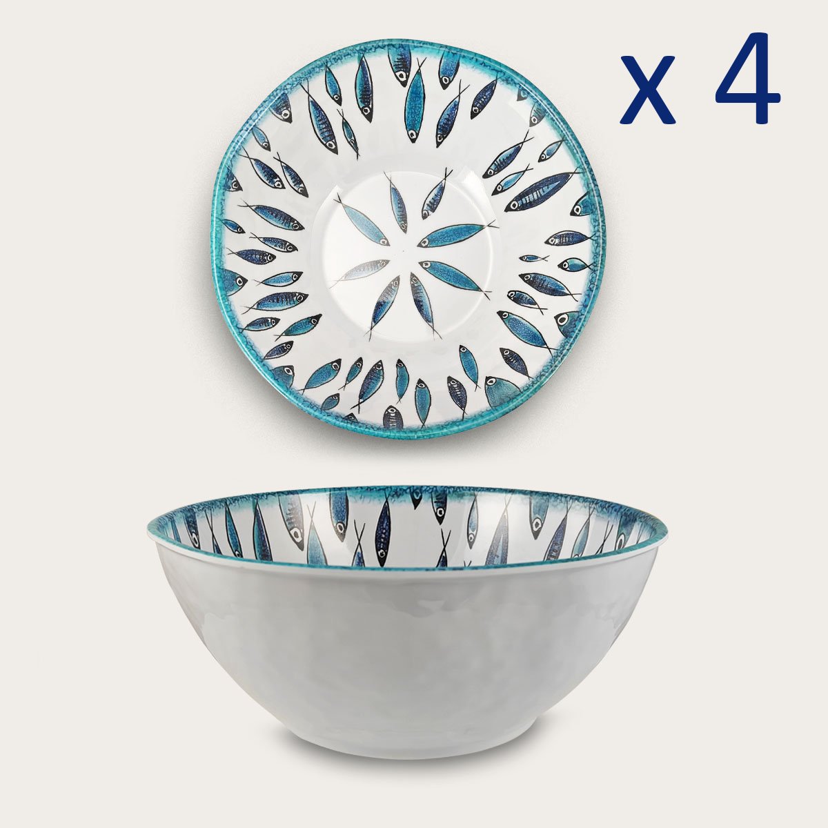 Arca Fish collection - Set van 4 Melamine kommen Ø16xH6cm – licht in gewicht – makkelijk stapelbaar – voor binnen en buiten