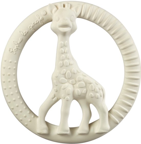 Witte Sophie de Giraf bijtring met ribbelrand en stippenpatroon. Gemaakt van natuurlijk rubber.