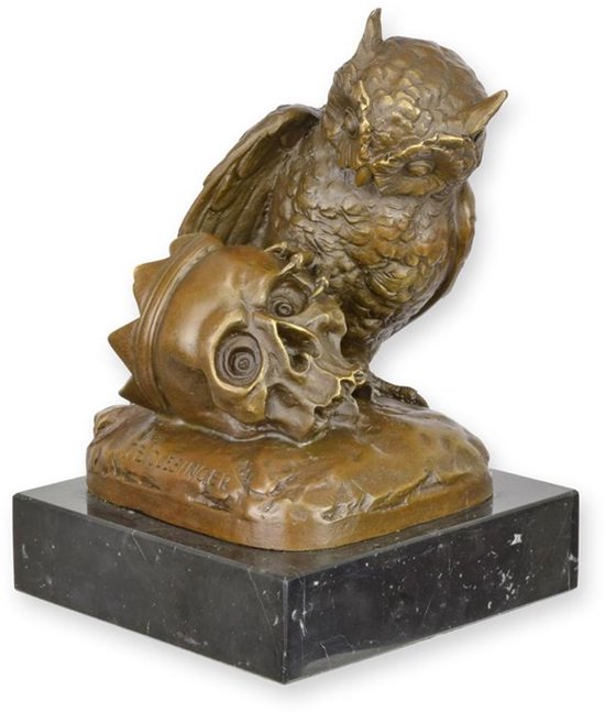 Statue en bronze représentant un hibou et un crâne – Sculpture artistique unique pour l'intérieur et l'extérieur, statue décorative de haute qualité