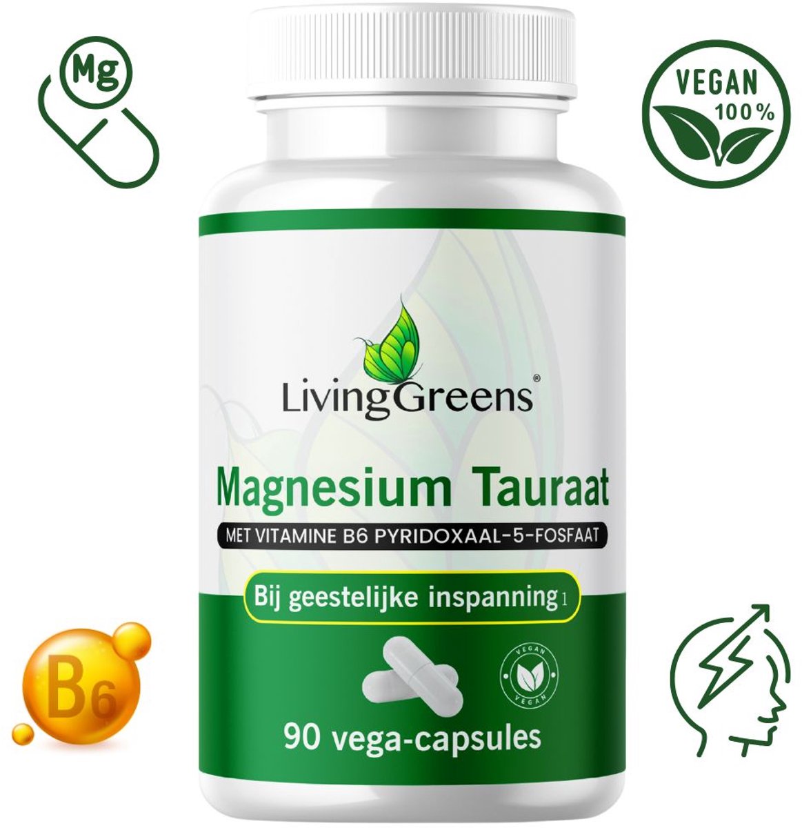 Livinggreens Magnesium tauraat + vitamine B6 90 Vegetarische capsules