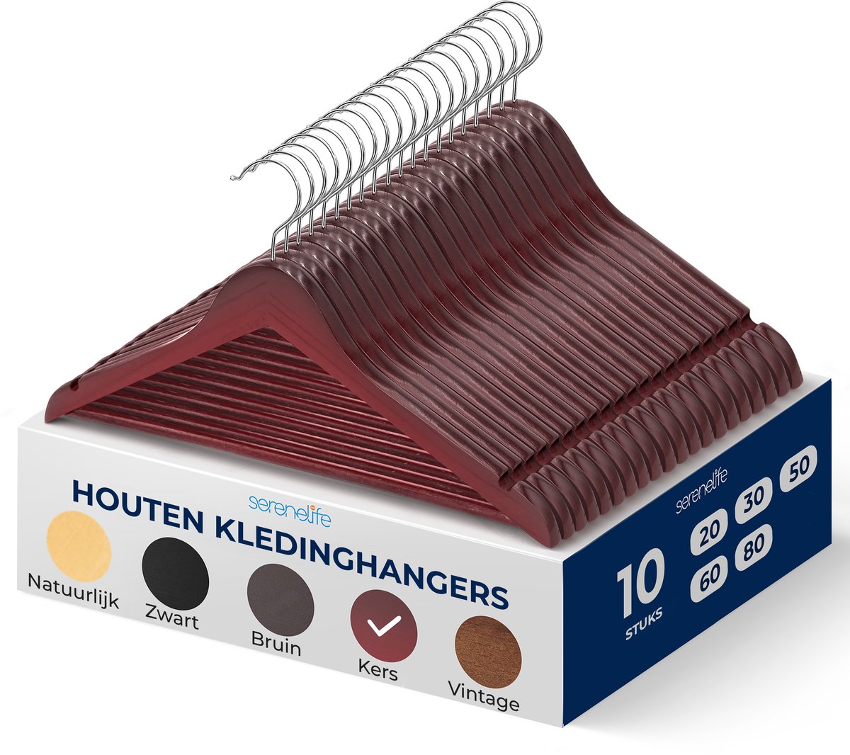 SereneLife Kleerhanger - Houten Hangers - Antislip Ruimtebesparende Kledinghangers - met 360° Draaibare Haak en Inkepingen - 10 Stuks - Duurzaam en Sterk voor Hemden, Truien, Hoodies, en Jurken