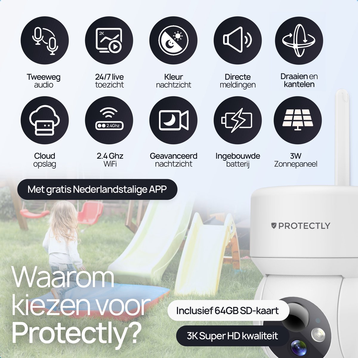 Afbeelding 2 van Protectly® Beveiligingscamera Draadloos Buiten – 3K Ultra HD - Camerabewaking - Bewakingscamera Voor Buiten - Buitencamera - Buiten Camera Met Nachtzicht - Camera Beveiliging - Oplaadbaar - Met WiFi en APP - Incl. 64GB SD - Incl. Zonnepaneel - Wit