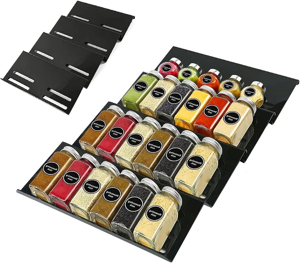 Kruidenrek voor keuken lade met uittrekbaar design (Set van 4, zwart 30 x 15 cm)