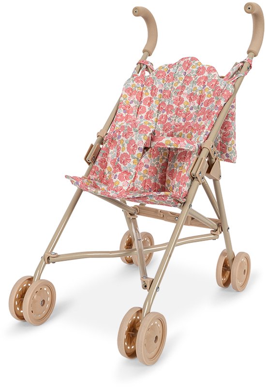 Poussette pour poupée beige avec imprimé floral et poignées beiges, vue de face.