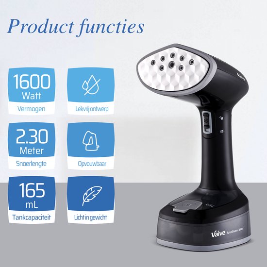 VAIVE TurboSteam Kledingstomer Inklapbaar -1600W – Handstomer voor Kleding en Meubilair – Stoomapparaat – Steamer- Zwart