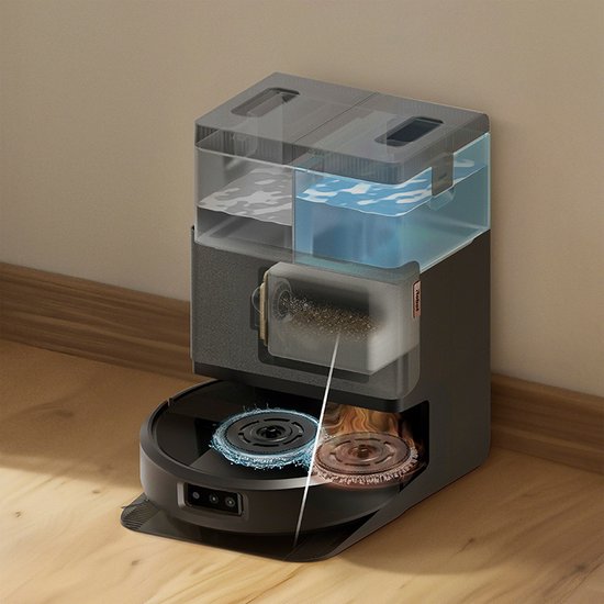 Zwart AutoWash™ dock met robotstofzuiger met dweilpads.