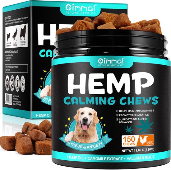 HEMP CALMING CHEWS - voedingssupplement en anti stress middel voor de hond - bevat hennepolie en valeriaan tegen onrust, zenuwen, stress en angst - géén THC - 150 brokjes