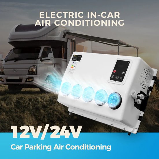Witte airconditioner met vijf blauwe, draaiende ventilatoren, geplaatst voor een camper op een grasveld.