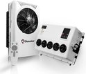 Witte Sunster airconditioner en binnenunit, met een witte afstandsbediening ernaast.