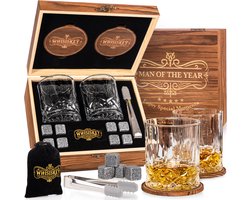 Whisiskey Luxe Whiskey Set Man of the Year - Incl. 2 Whiskey Glazen 300ML, 8 Whiskey Stones, 2 Onderzetters, Fluwelen Opbergzak, Opbergbox - Whisky Geschenkdoos - Glas - Herbruikbare IJsblokjes