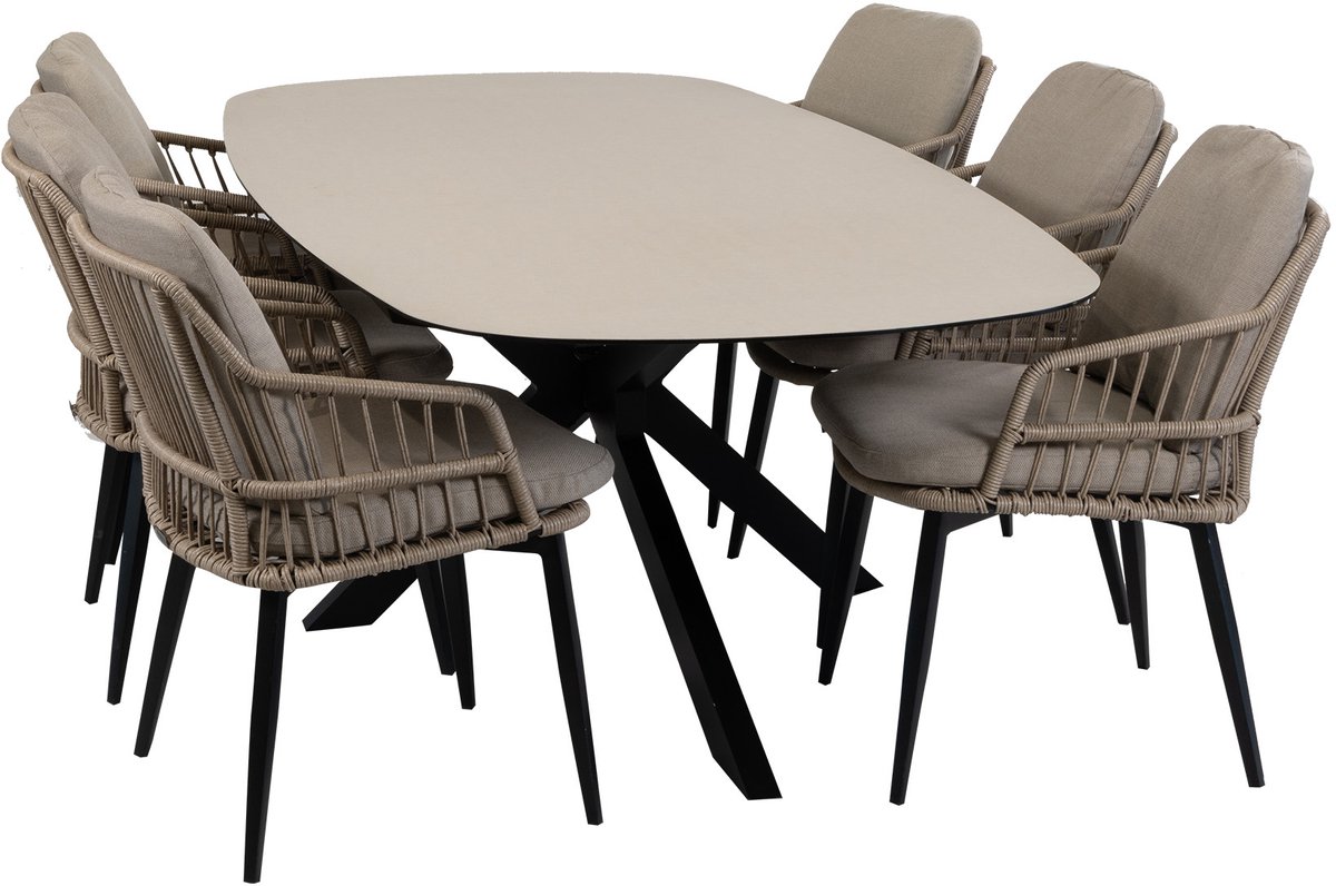 7-delige tuinset | 6 Isabel tuinstoelen (Sand) | Tuintafel Malaga 240x115cm (Black)