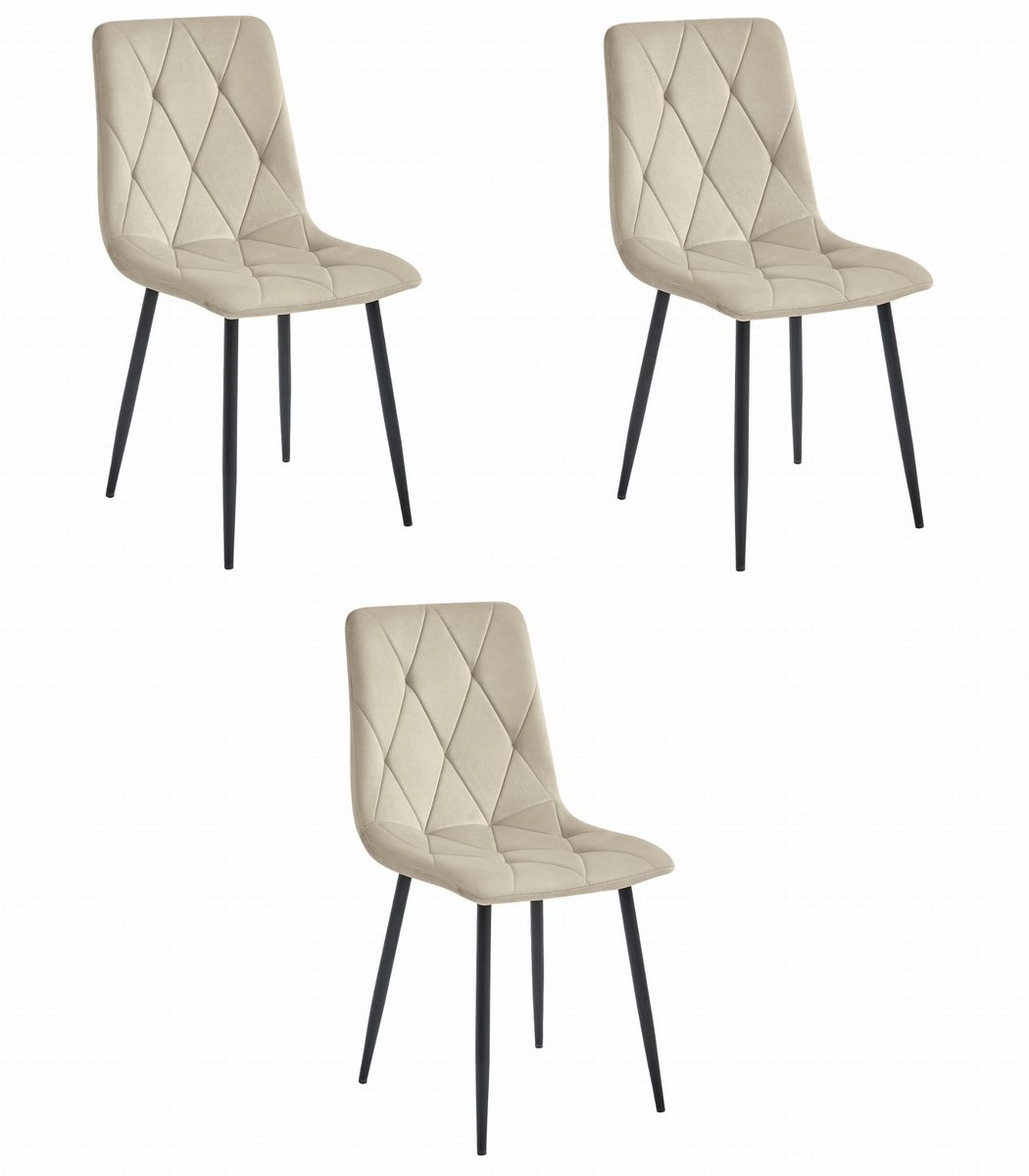 Set van 3 Eetkamerstoelen LIBRA Crème – Zwarte Metalen Poten, Modern Velvet Bekleding, Ergonomisch Design, Max. 120 kg