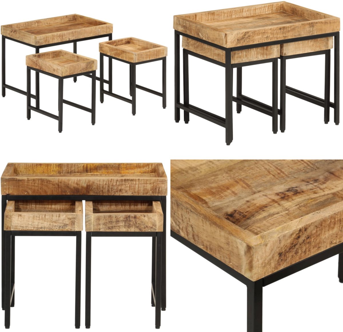 vidaXL 3-delige - Salontafelset - massief - ruw - mangohout - en - ijzer Bruin