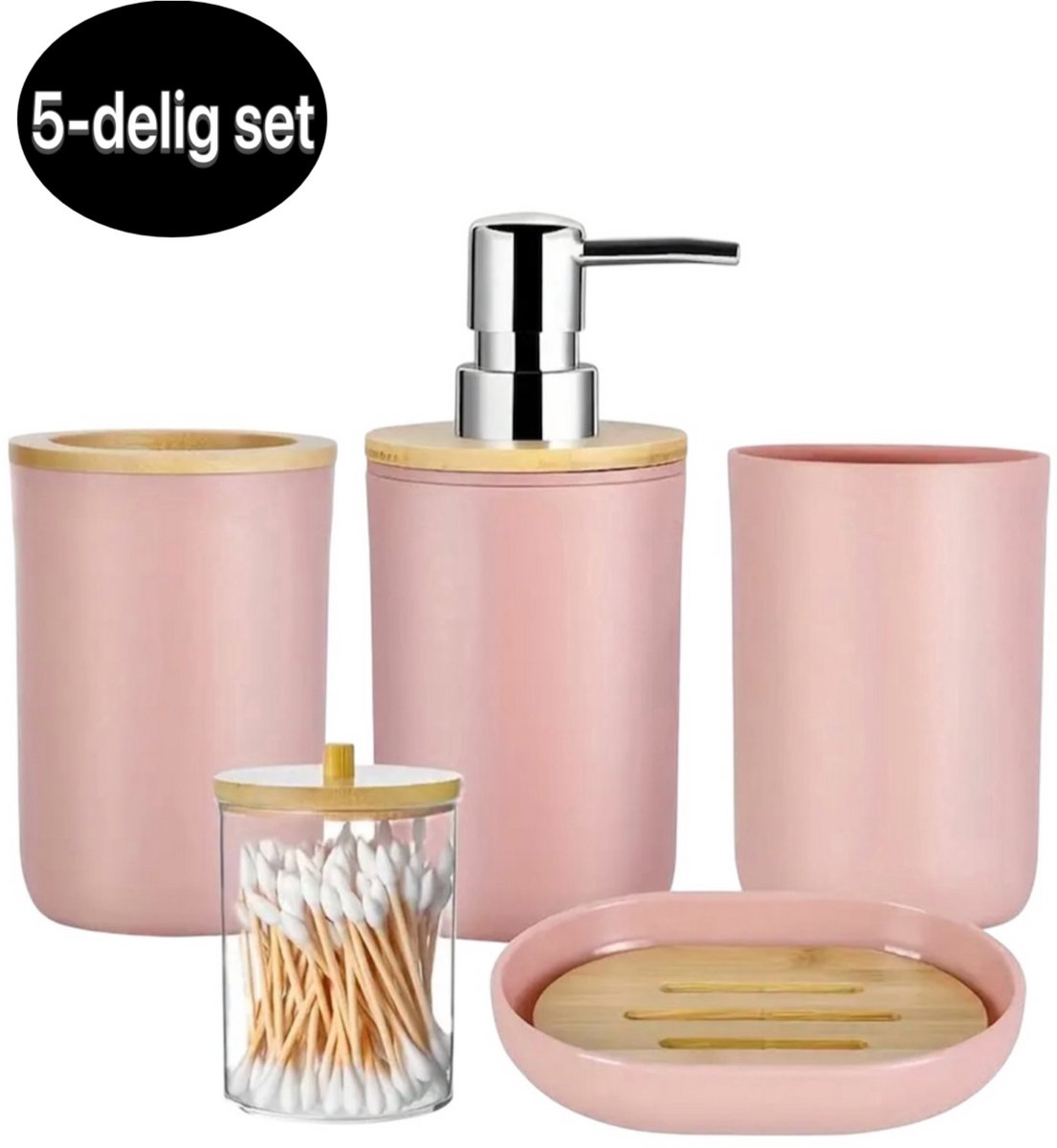 Twenty Two™ Badkamer set | roze | luxe 5-delige badkameraccessoires | tandenborstel houder, beker, zeepdispenser, zeepschaal, wattenstaafjes bakje met houten deksel | badkamerset