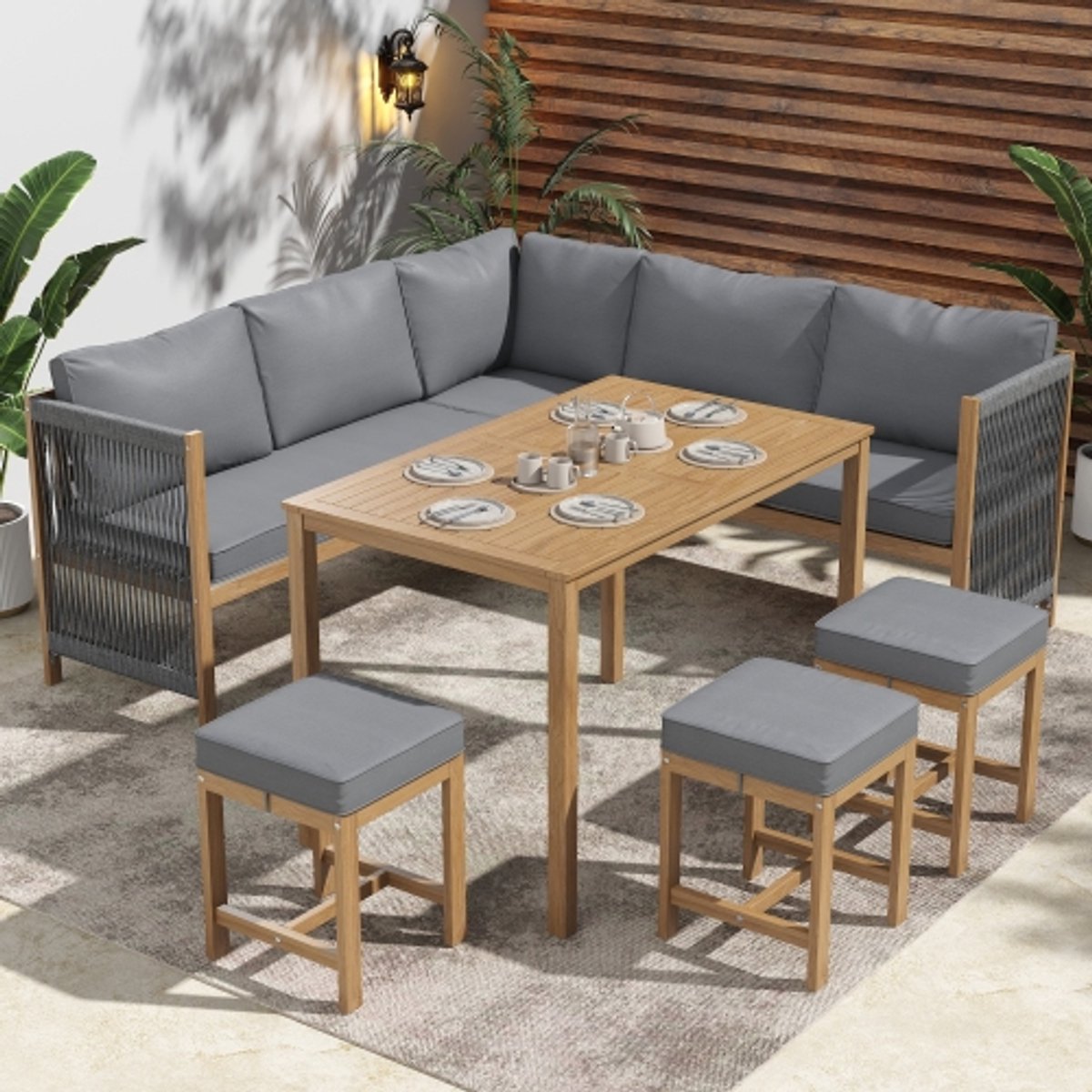 Tuinset tuinmeubelset met kussens, hoekbank, polyrotan loungeset, balkonset, buitentafel en stoelenset voor 7-8 personen, met bank, 3 krukken en 1 tafel, acacia, grijs + naturel