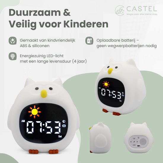 Castel Kinderwekker en Slaaptrainer Uil - Digitale Wekker met White Noise, Nachtlamp, Dimbaar LED Display en Instelbaar Meerkleurig Licht - USB Oplaadbaar van castel — afbeelding 2