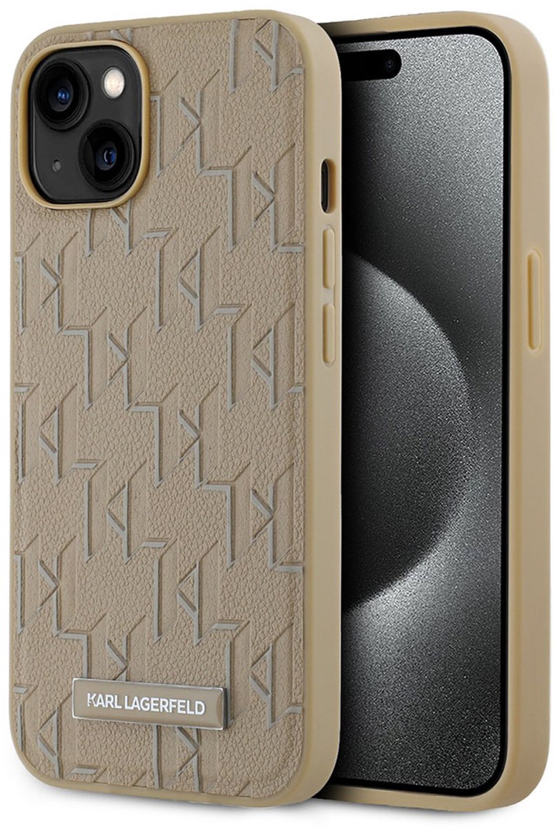 Karl Lagerfeld, Hoesje Geschikt voor Apple iPhone 14 MagSafe-compatibel met monogramontwerp en metallic logo, Beige