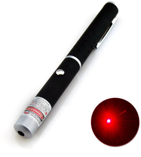 Zwarte laserpen met zilverkleurige clip en een cirkel met rode laserlicht.
