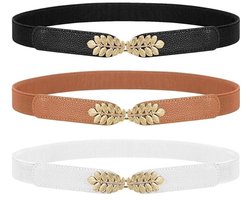 Ultiluxe® Elastische tailleriemen - 3 stuks - Zwart/bruin/wit - Riemen voor dames - Rekbaar - Met gouden detail - Dunne tailleriem - Goud blad motief - Jurk accessoire - Taille ceintuur voor vrouwen - Veel stretch